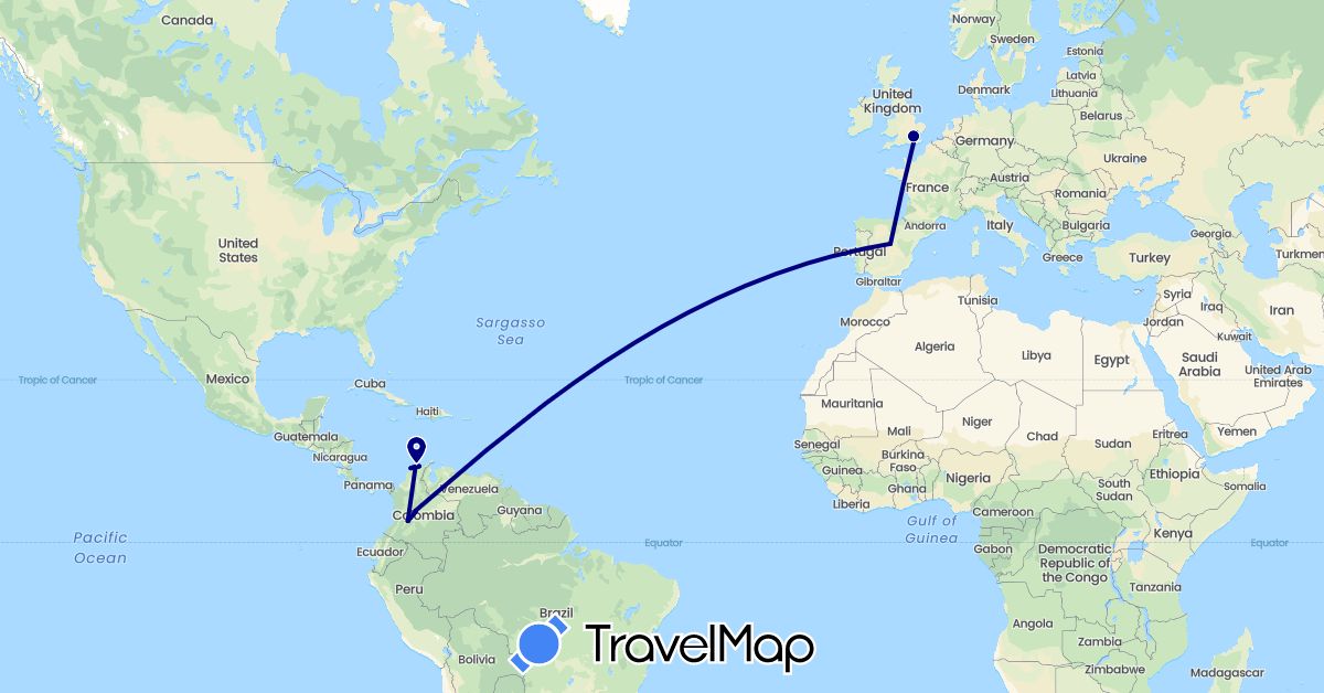 TravelMap itinerary: driving in Colombia, Spain, United Kingdom (Europe, South America)